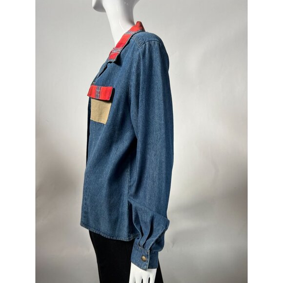 Vintage Denim Shirt With Red Plaid Collar & Pocket Button-Up Size M/L By Thoma 1 - Picture 9 of 16